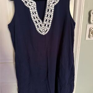 Lands End Navy Women's Coverup with White Embroidered V-Neck